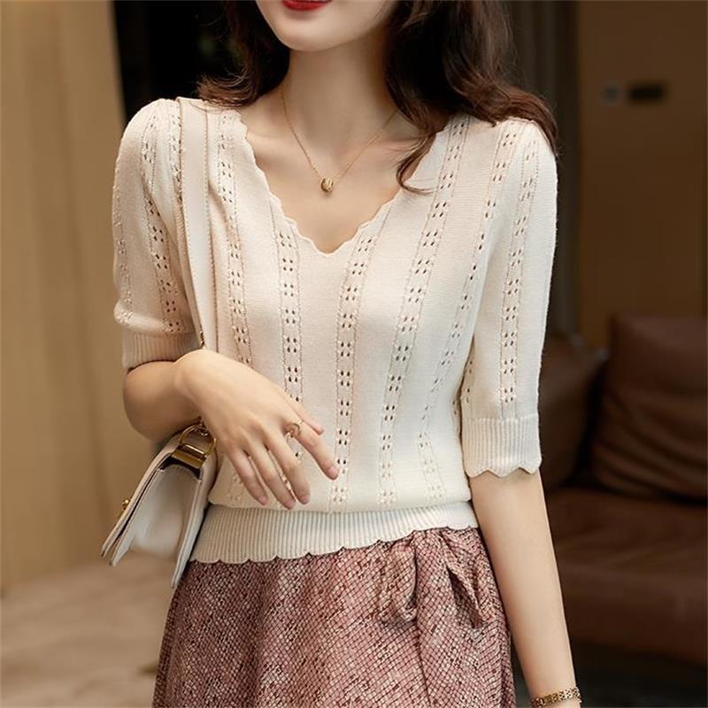 Women's Ice Silk Knitted T-shirt Short Sleeve Summer V-neck Versatile Hollow Knitted Top Thin