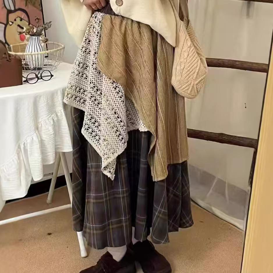 Ретро японская этническая узкая длинная юбка с высокой талией для женщин - Осенне-зимний пэчворк