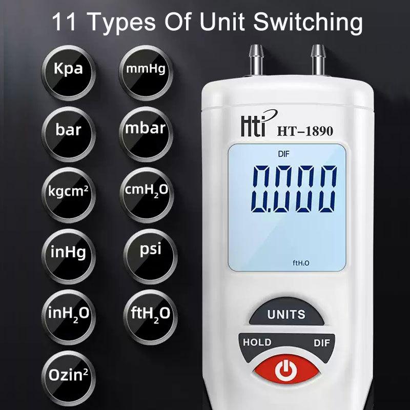 HT-1890 Handheld Differential Pressure Digital Manometer with Large LCD Backlight Display 11 Selectable