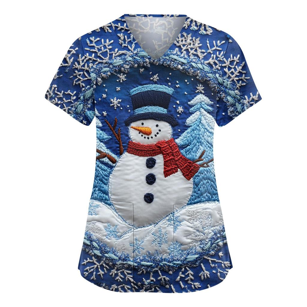 Женский модный рабочий топ с V-образным вырезом, рождественским принтом, короткими рукавами, карманом, боковым разрезом, базовый пуловер