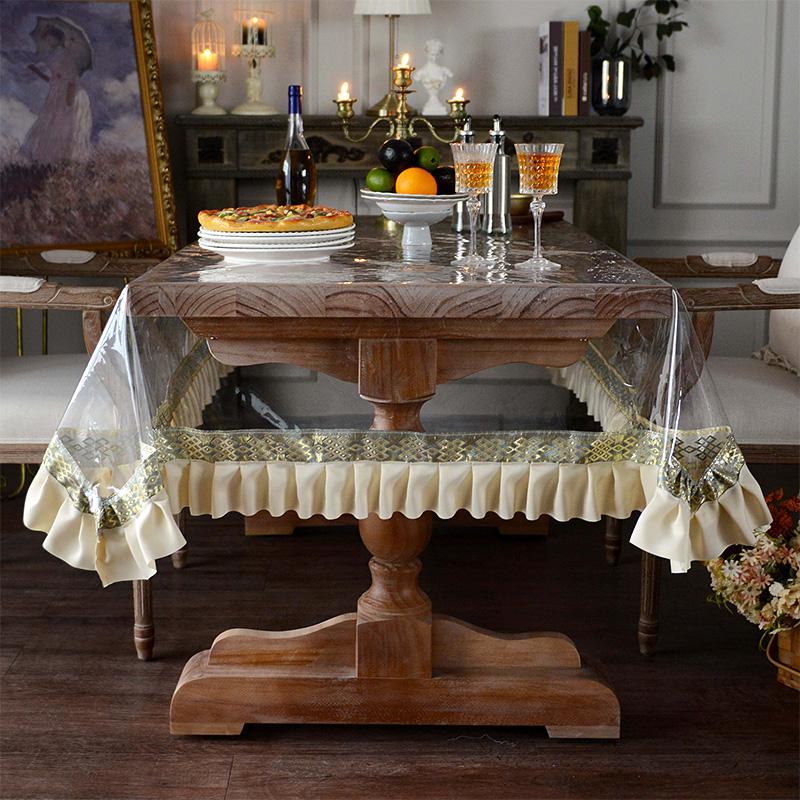 Мягкая прозрачная скатерть из ТПУ, силиконовая водонепроницаемая прямоугольная юбка с рюшами, чехол для обеденного стола, вечерние, кухонная, пятностойкая