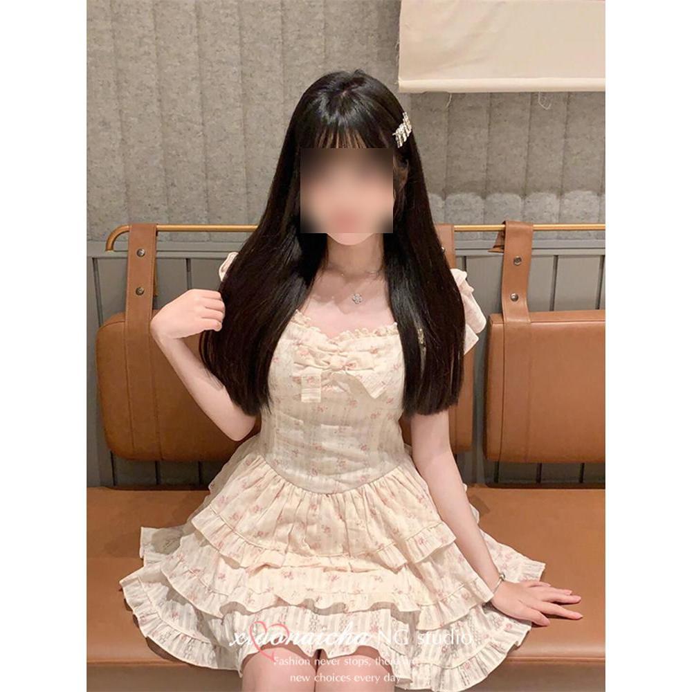 Фэн Сяо платье с рукавами-фонариками с цветочным принтом женское летнее нежное с заниженной талией пушистое платье-торт короткая юбка