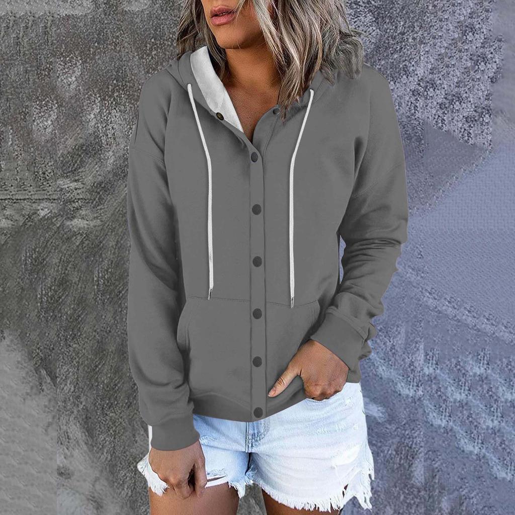 Women's Fashion Casual Solid Colour Button Hoodie Long Sleeve Sweatshirt Drawstring Jacket Coat