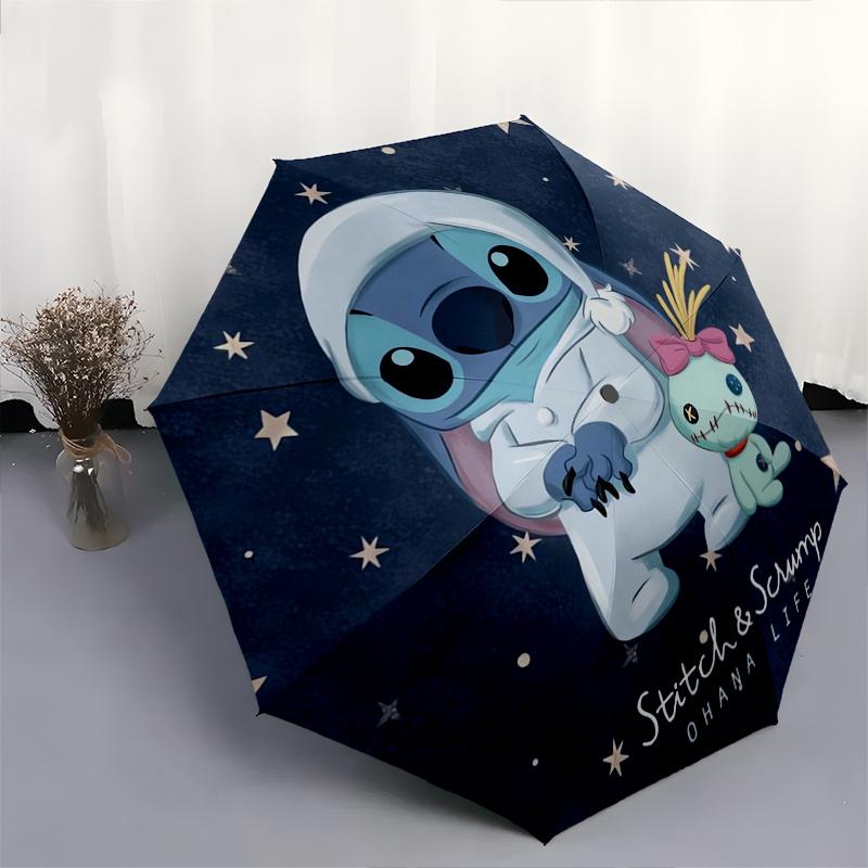 Stitch,Scrump Fully automatic themed umbrella - 8 ribs durable iron frame, tri-fold compact design, perfect as a gift, travel umbrella, unis