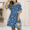 Women Plus Size Off Shoulder Short Sleeve Green Printed A Line Dress With Tie Cuff