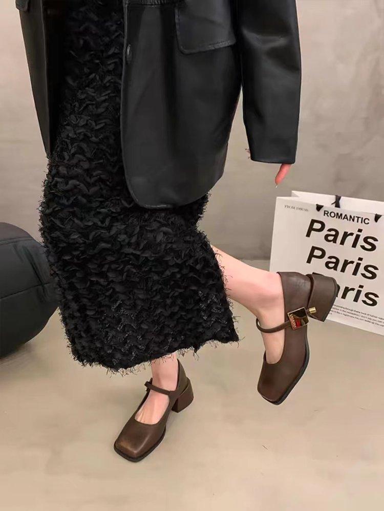 Туфли на толстом каблуке, женские весенние туфли на высоком каблуке, ретро-туфли с квадратной головкой и пряжкой в виде слова, женские туфли Мэри Джейн