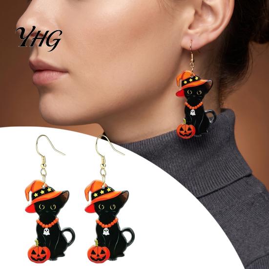 Lightweight Acrylic Halloween Decor 1 Pair Black Cat Earrings for Women, Cute Unique Niche Holiday Gift Her with Wizard Hat And Pumpkin Dangle Jewelry