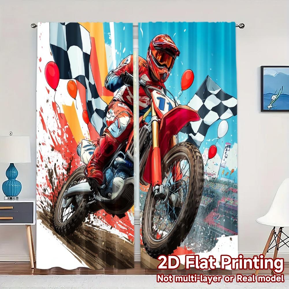 2 шт., Шторы с плоской 2D-печатью (Без Рода) MotoRacer Забавная Печать Шикарные Шторы Полупрозрачные Шторы Декорации Подходят для