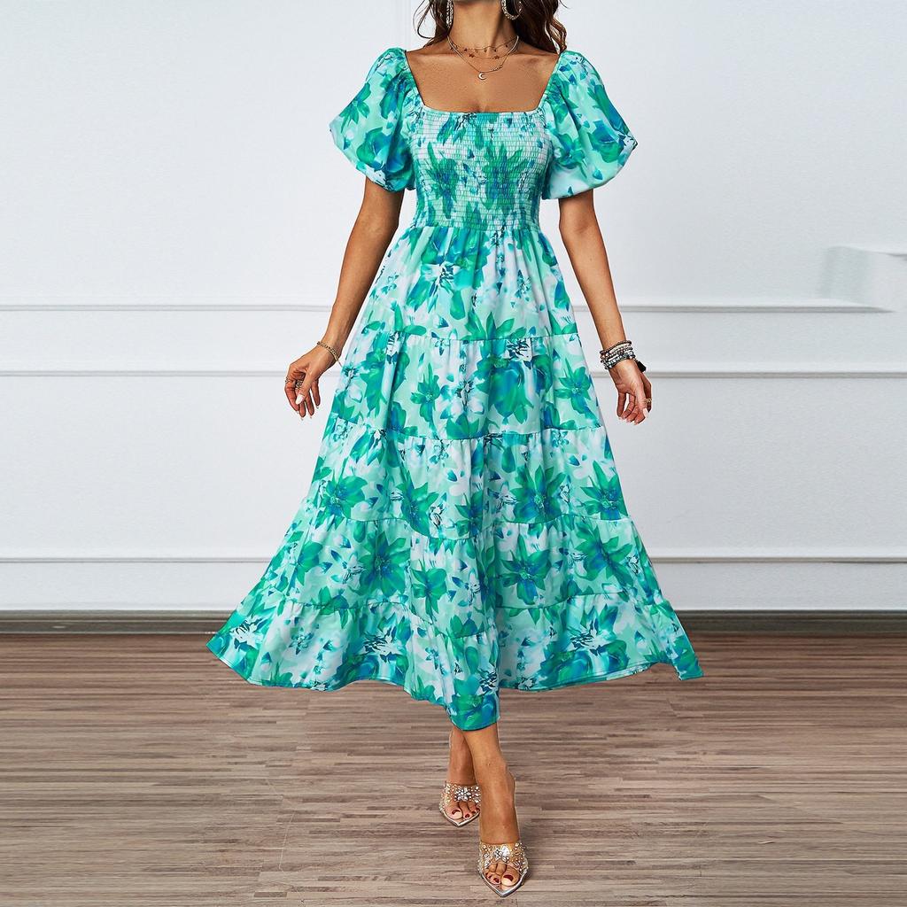 Женское модное платье с квадратным вырезом и цветочным принтом, короткими рукавами и эффектом темперамента