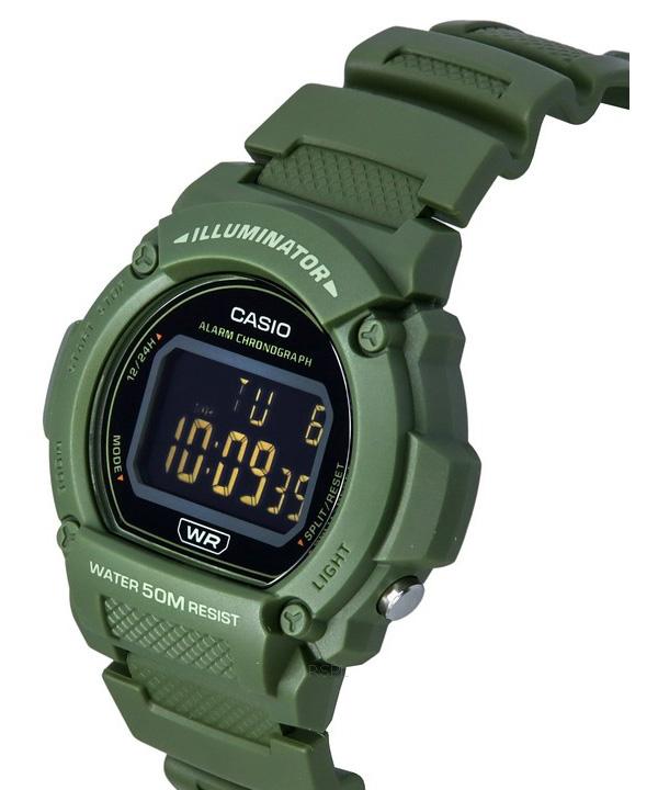 Casio Стандартный осветитель, цифровые кварцевые мужские часы с зеленым ремешком из смолы W-219HC-3B