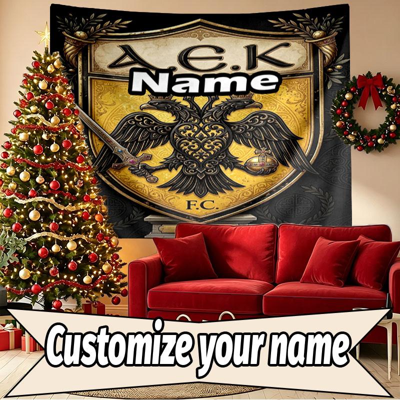 Custom Name Personalized AEK Athens FC Print Tapestry, Wall Art Decor, Bedroom, Dorm, Apartment, LivingRoom, Party Backdrop, Gift for Birthday