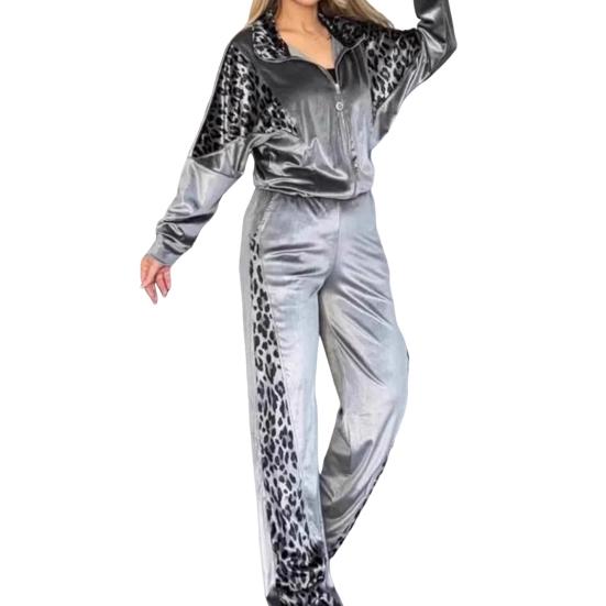 Женские бархатные спортивные костюмы с леопардовым принтом, состоящий из двух частей, для отдыха, толстовка на молнии и спортивные штаны с карманами