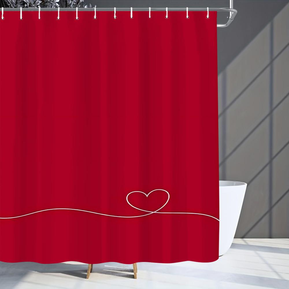 Elegant Red Shower Curtain With White Line Heart Design Waterproof Polyester Bath Curtain No Punching For Modern Bathroom Decor