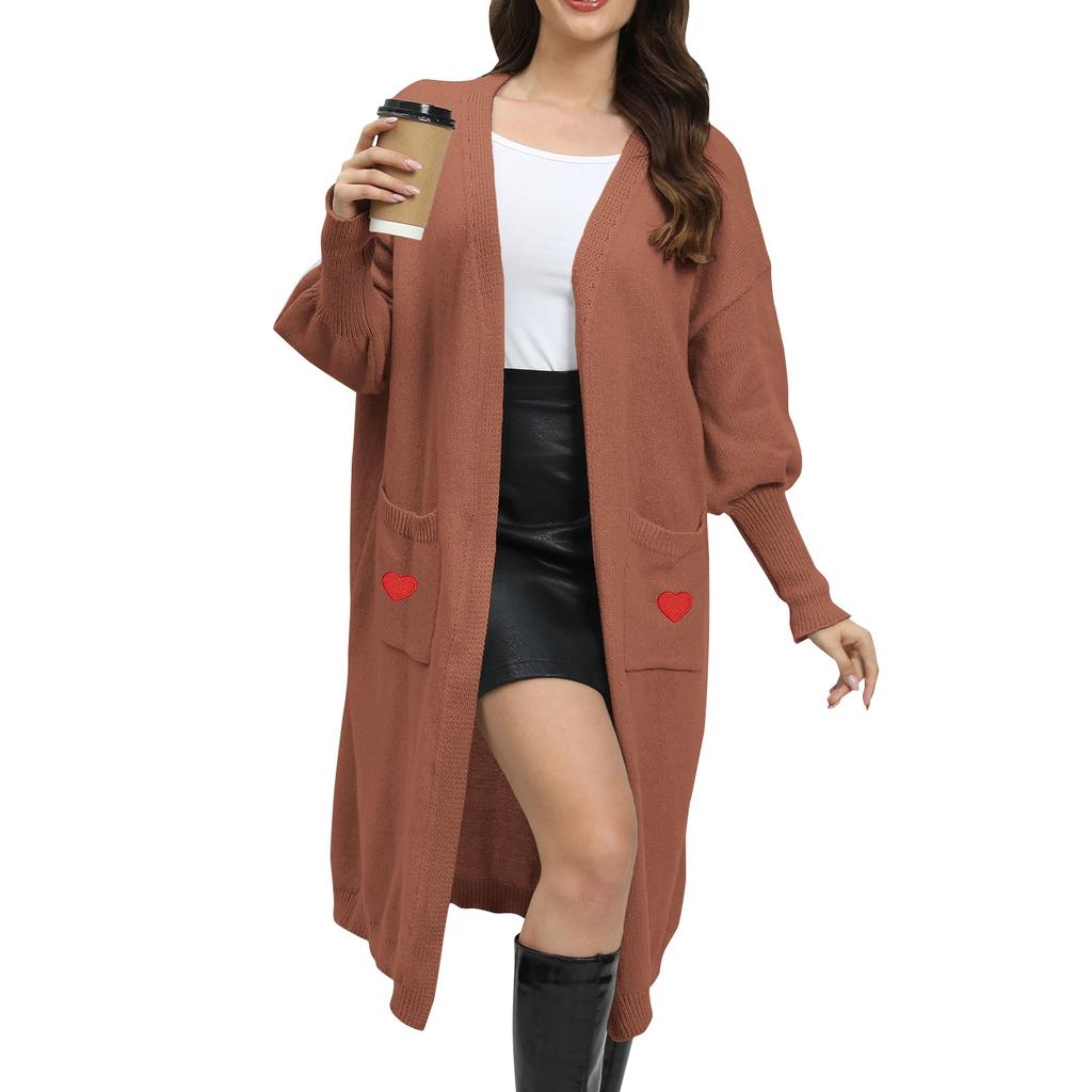 Women's Casual Fashion Comfortable Loose Lazy  Love Patch Knitted Sweater Double Pocket Sweater Cardigan