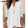 Women's Fall and Winter V-neck Cotton Linen Large Size Shirt