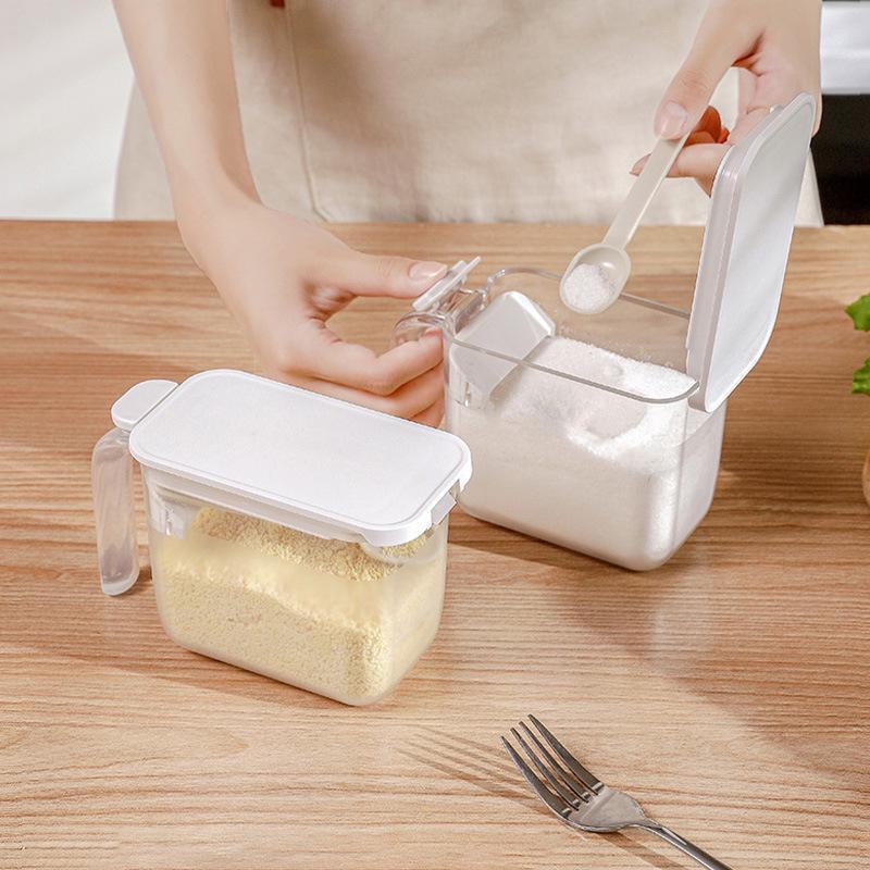 Sealed Moisture-Proof Japanese-Style Transparent Seasoning Jar with Spoon - Plastic Kitchen Salt and Sugar Container