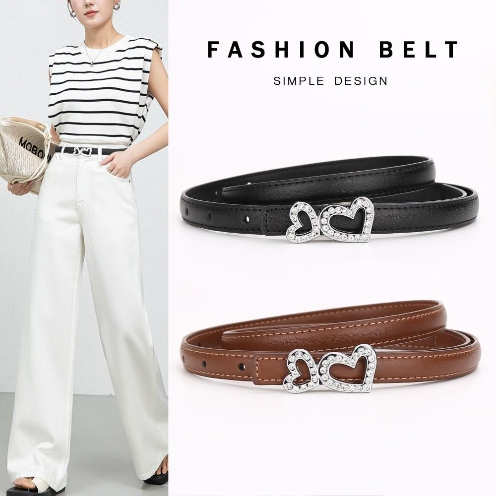 Rhinestone Heart Buckle Waist Belts Adjustable Holes Dress Belts Slim Waist Belt Fashion Styling