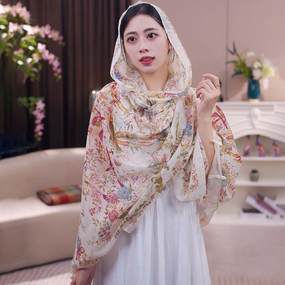 Breathable Thin Large Shawl Frog Button Sunscreen Headscarf Sweet Women Floral Scarf Vacation