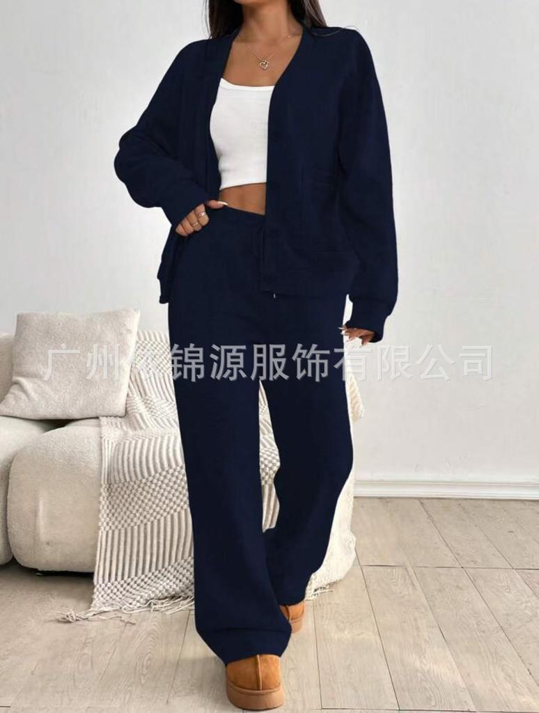 Women's Grey Button Front Knit Cardigan with Wide Leg Lounge Pants Set