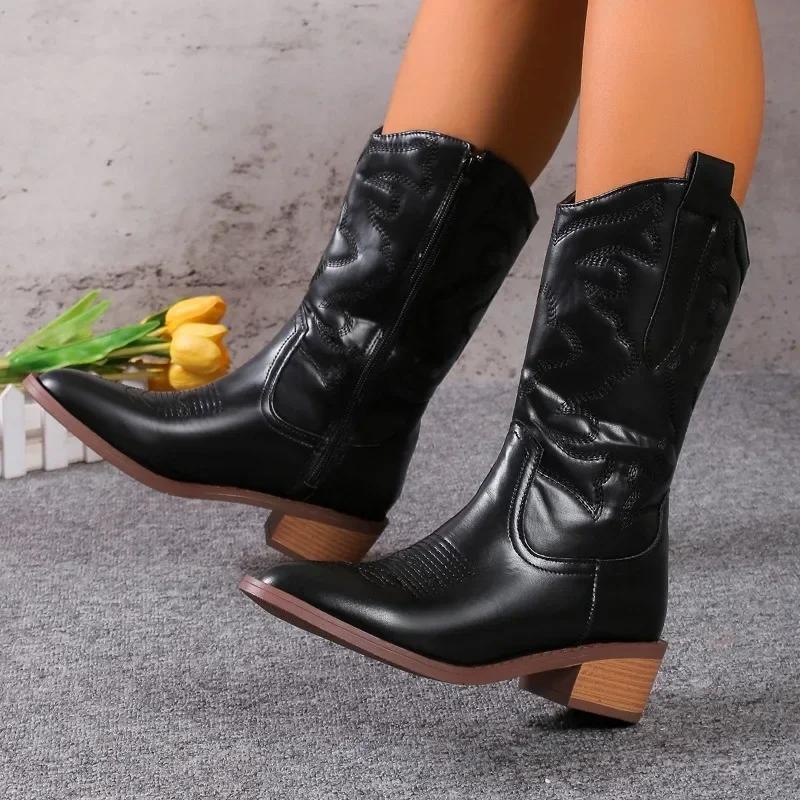 2024 Новые популярные однотонные женские ковбойские сапоги с вышитым острым носком на толстом каблуке, ботильоны в стиле вестерн, женские сапоги