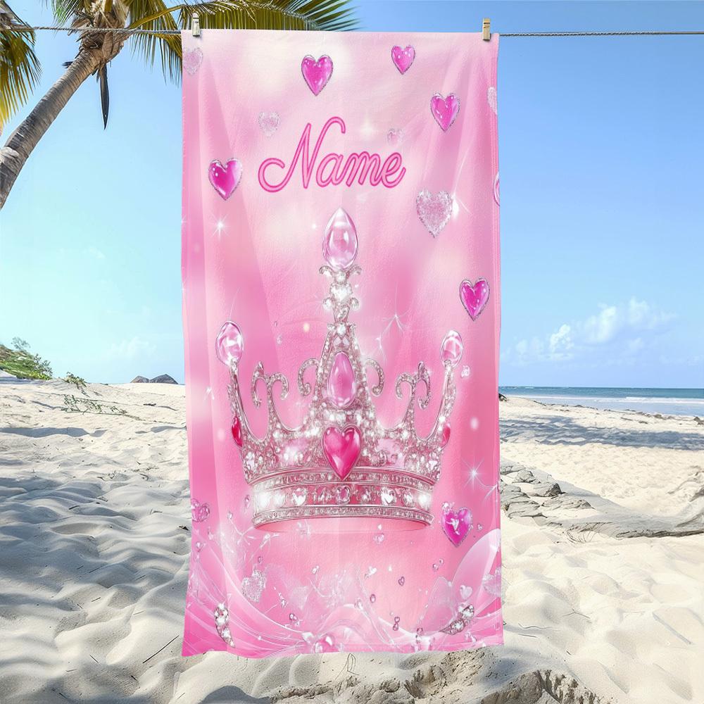 Custom Princess Crown Beach Towel Name Pink Heart Microfiber Bath Towel 160x80cm Quick Dry Pool
