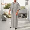 Men's Kaftan Robe Solid Color Mid-Sleeved Long Thobe V-Neck Abaya Prayer Clothing Ihram Robe for Summer Daily Wear
