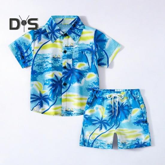 Комплект гавайской одежды для малышей, рубашка с изображением пальмовых листьев на закате, шорты, детский костюм в стиле кокоса, дышащая повседневная летняя одежда для повседневной носки