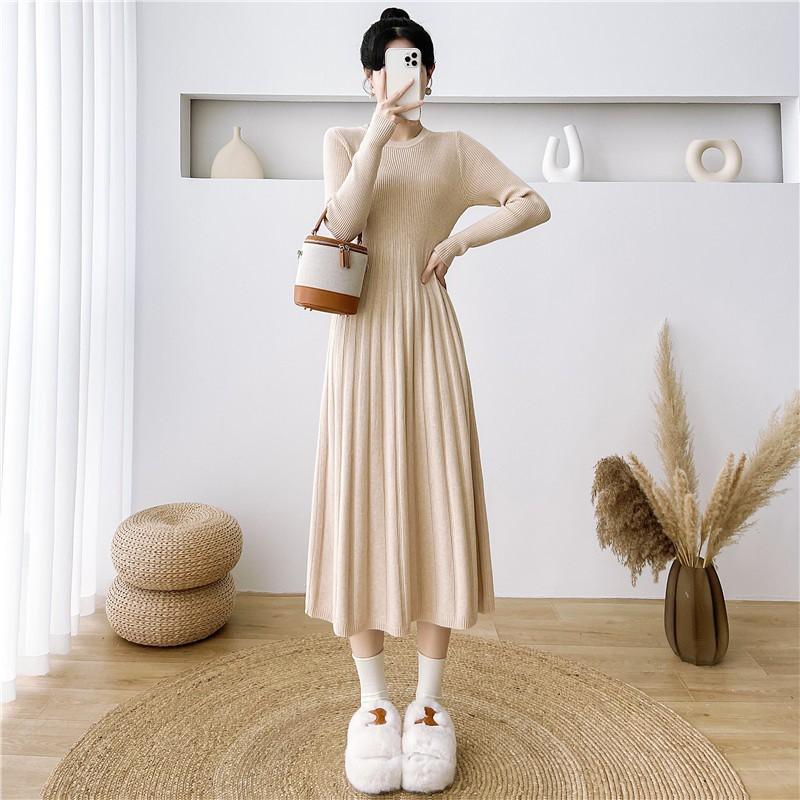Womens Long Sleeve Knit Dress With Pleated Skirt Slim Fit Mid-Length Sweater Winter 2026