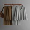 Fall Winter Lazy Wind Loose V-Neck Pulllover Sweater Suit Women's Solid Color Long Sleeve Knit Wide Leg Skirt Two Piece Set