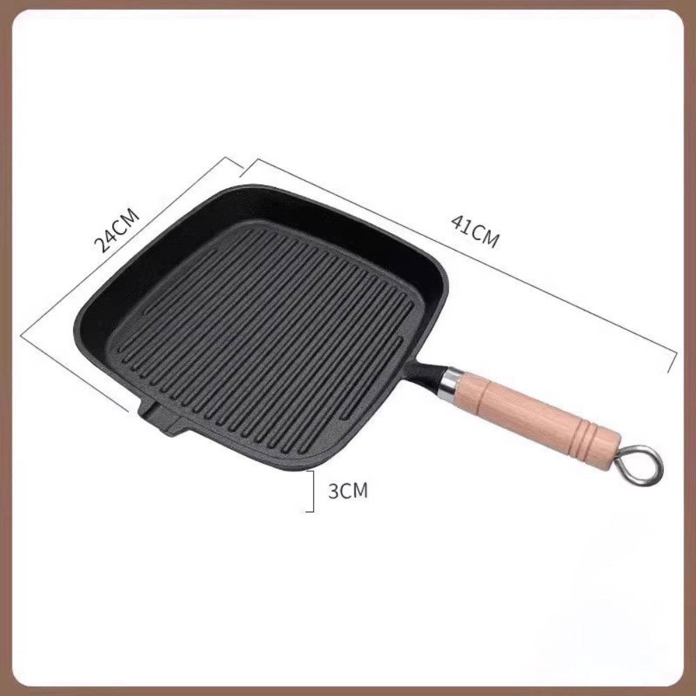 Cast Iron Steak Pan Wooden Handle Steak Frying Pot Premium Non-Stick Frying Pan Indoor