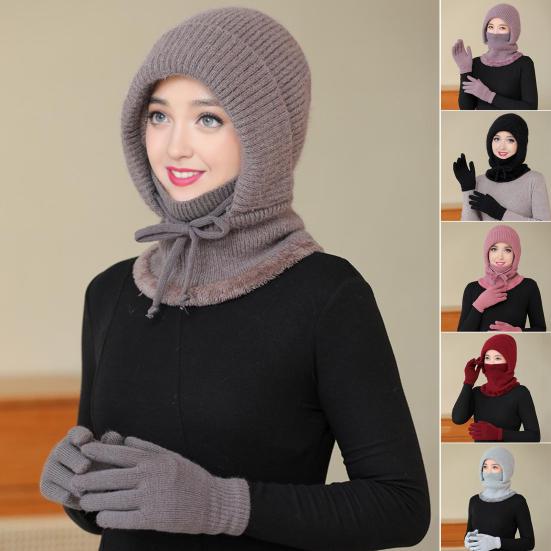 2Pcs/Set Women Hat Gloves Set Solid Color Plush Lining Knitting Beanie Hat with