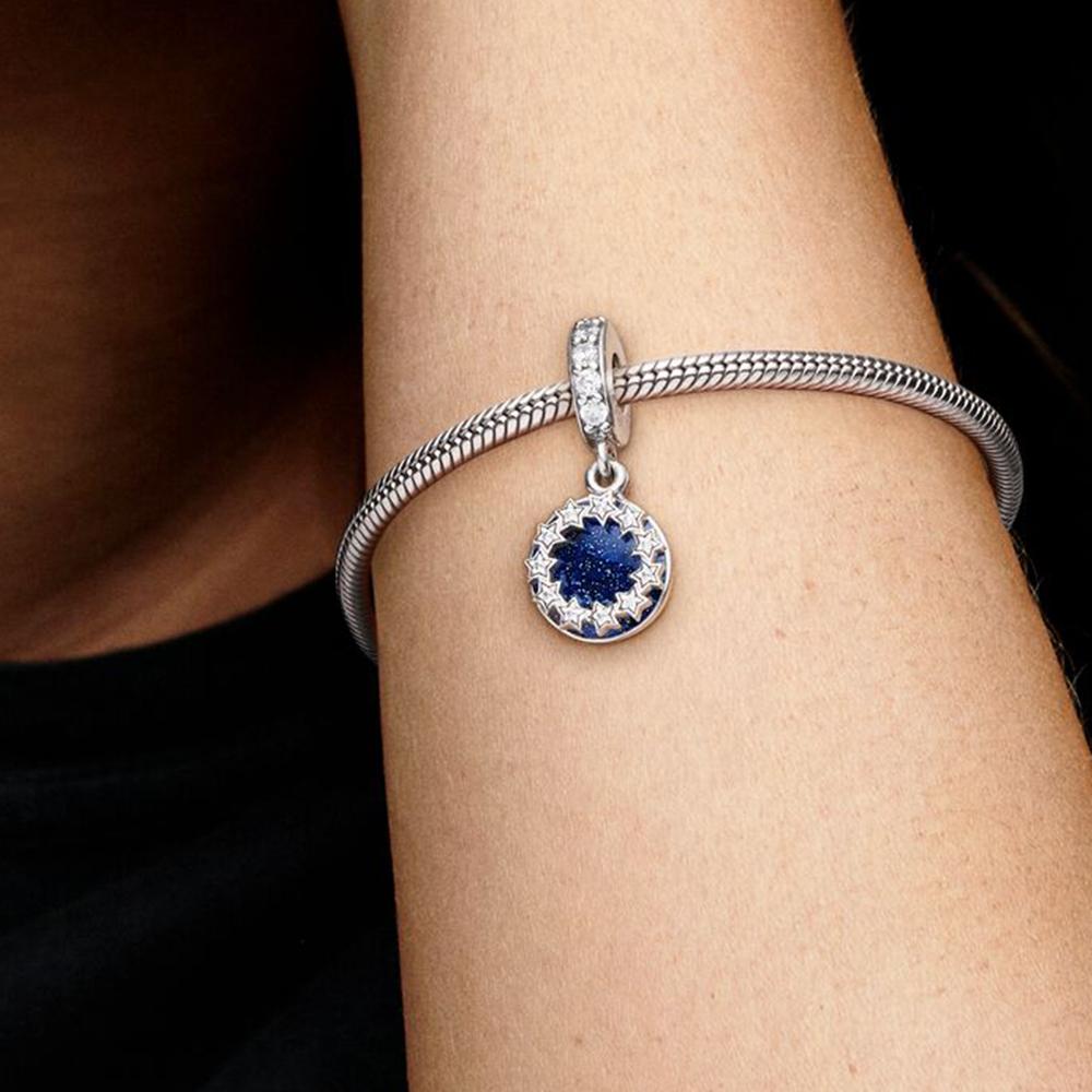 Вдохновляющие звезды, голубое ночное небо, полумесяц и звезды, подвески S925, серебро, подходят для оригинального браслета «сделай сам», подарок для женщин