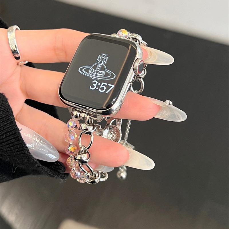Элегантный металлический браслет королевы-матери для Apple Watch 10, 9, SE, 8, 7 — с цепочкой из 654 бусин.