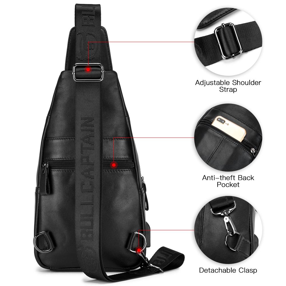 Men Leather Sling Bag Casual Shoulder Chest Crossbody Bag Hiking Travel Daypack with USB Charging