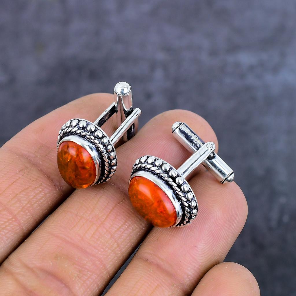 Запонки ручной работы из серебра 925 пробы с балтийским янтарем и драгоценными камнями G1J32
