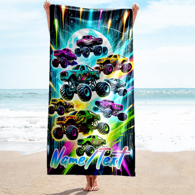 1PC Custom Name Monster Truck Showdown Beach Towel Highly Absorbent And Sand-Resistant Towel for Swimming, Pool, Yoga, And Travel Lightweight
