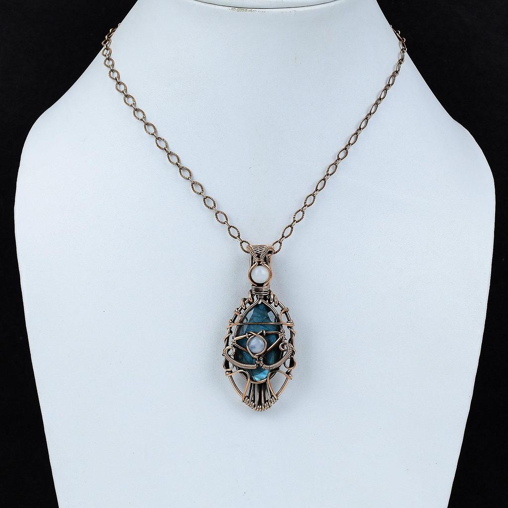Evil Eye Faceted Labradorite Pendant Copper Wire Wrapped Pendant Handmade Ethnic Jewelry Rainbow Moonstone Gemstone Pendant Gift For Mother