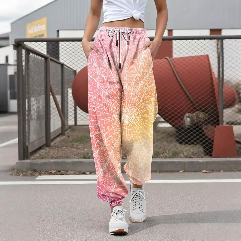 Женские повседневные модные брюки для отдыха с принтом на Хэллоуин, спортивные штаны, брюки с эластичной резинкой на талии, брюки со шнурком