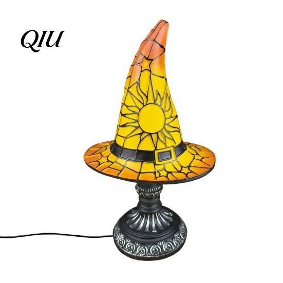 Halloween Desk Decor Stained Glass Witch Hat Lamp, Table Lamp with Inline Switch, USB Powered Small Bookshelf Accent Light Style for Bedroom
