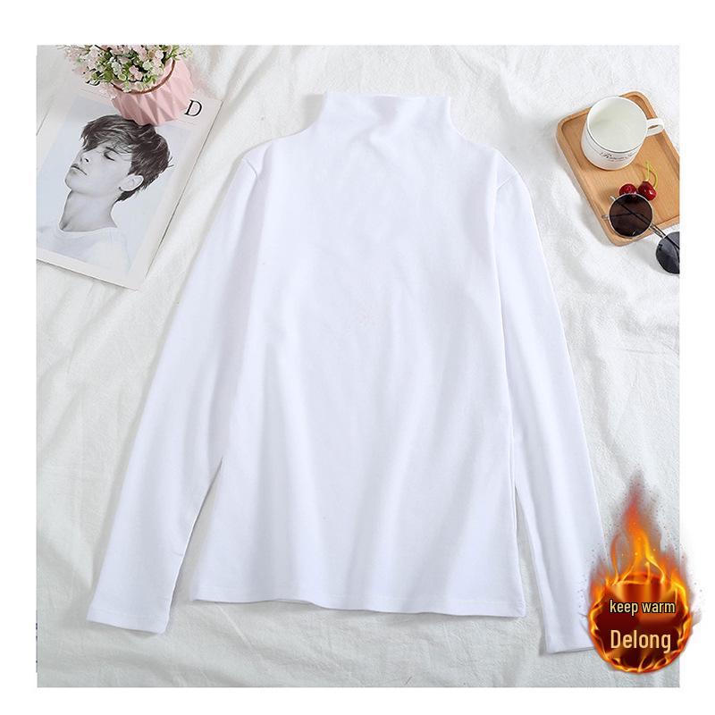 2024 Women's Korean Style Solid Color Plus Velvet Long Sleeve T-Shirt, Autumn/Winter