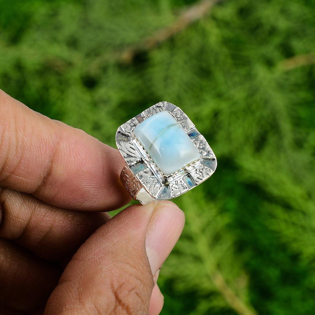 925 Silver Natural Larimar Anniversary Multi Stone Throat Chakra Bezel Wife Ring