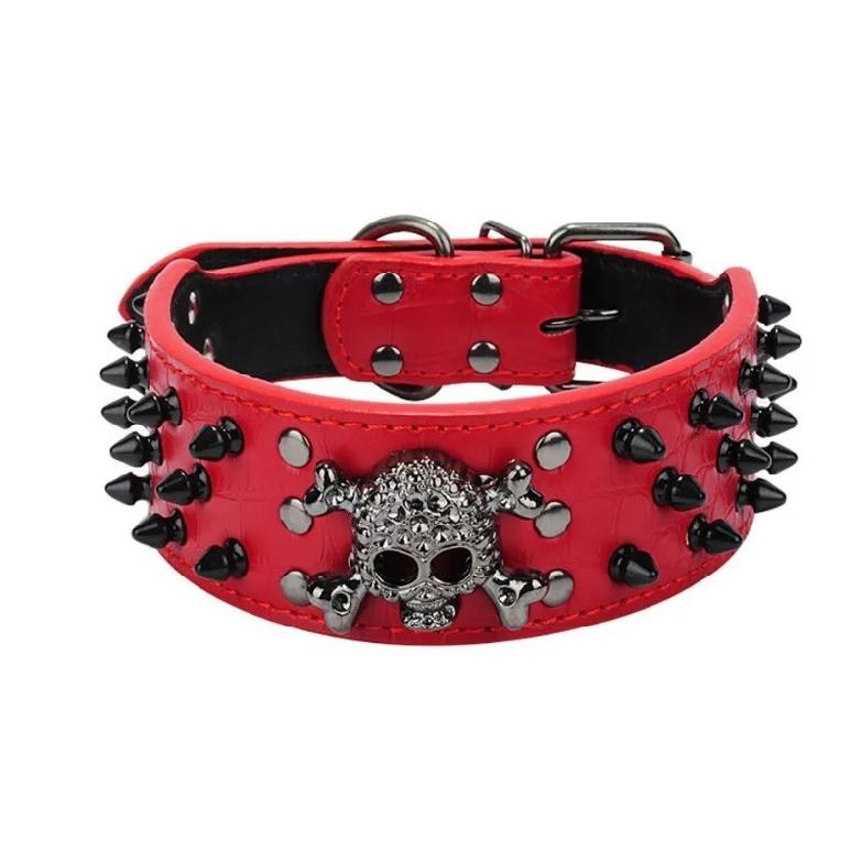2" Wide Spiked Studded Leather Dog Collar Bullet Rivets with Cool Skull Pet Accessories for Meduim Large Dogs Pitbull Boxer XS-L