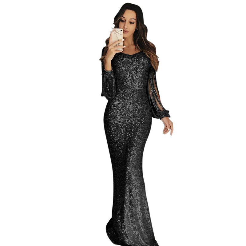 European and American-Style Autumn and Winter Tassel Long Dress Sexy Slimming Evening Dress