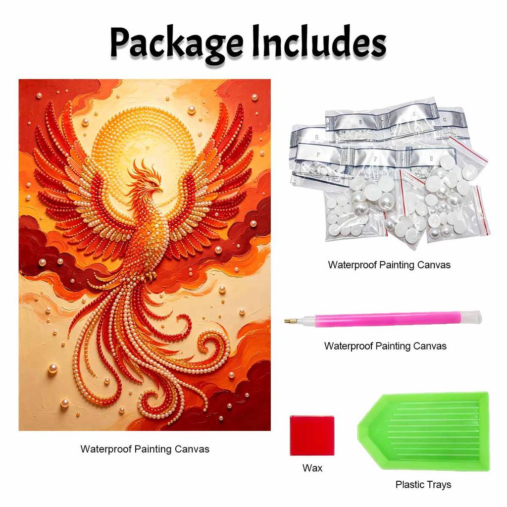 Phoenix pearl painting kit features 5D pearls and a mystic bird mosaic art style. perfect for elegant home wall decoration.