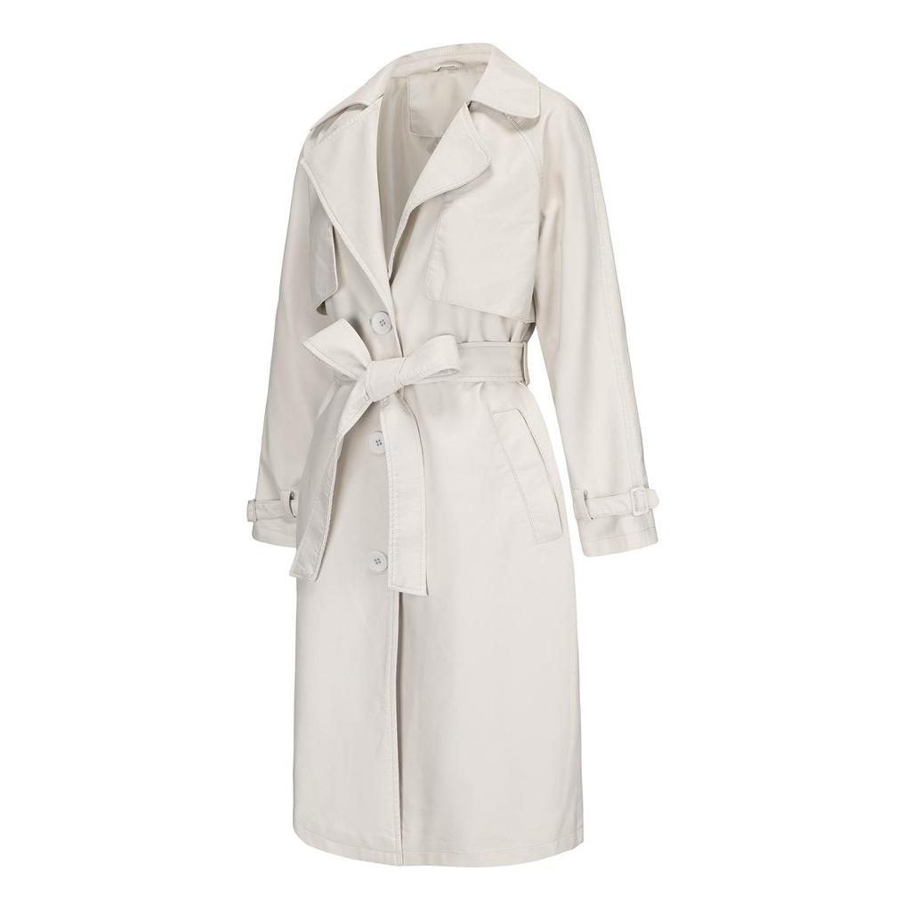 Women’s Coats Faux Leather Lapel Windbreaker PU Loose Three Row Button Trench Coat Classic Overcoat with Belt Autumn Winter Outer Wear