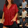 Sequin Tops V-Neck Short Sleeve Tops Loose Shiny Tops For Women Dress Up Tops For Party