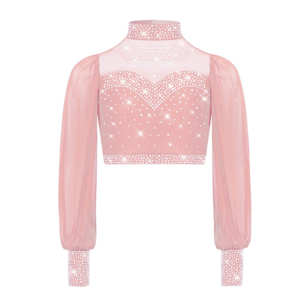 Девочки Сетчатый Танцевальный Топ с Длинным Рукавом, Воротником-стойкой, Вырезом на Спине и Стразами, Укороченный для Лирического Балета