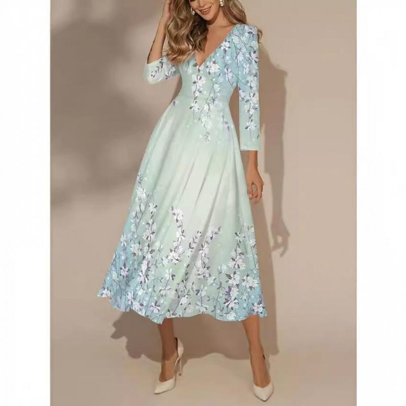 VEZFAA Женская мода весна осень цветочный узор принт рукава 3/4 V-образный вырез средняя талия повседневные платья