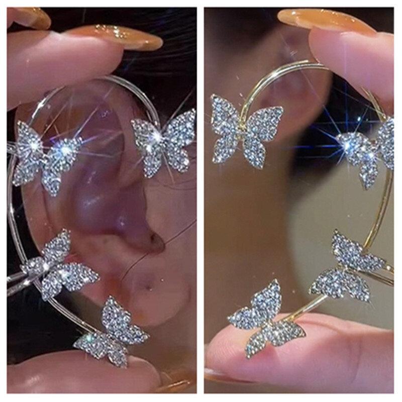 Gold Silver Color Metal Butterfly Ear Clips Without Piercing for Women Sparkling Zircon Ear Cuff Clip Earrings Wedding Jewelry