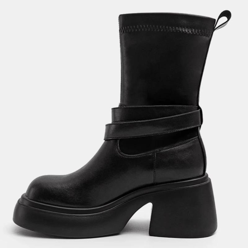 Платформа Женские Ботинки Челси До Середины Икры Новые Зимние Туфли На Среднем Каблуке Массивные Мотоциклетные Ботинки Вечеринка Готика Снежные Туфли-лодочки Mujer Botas